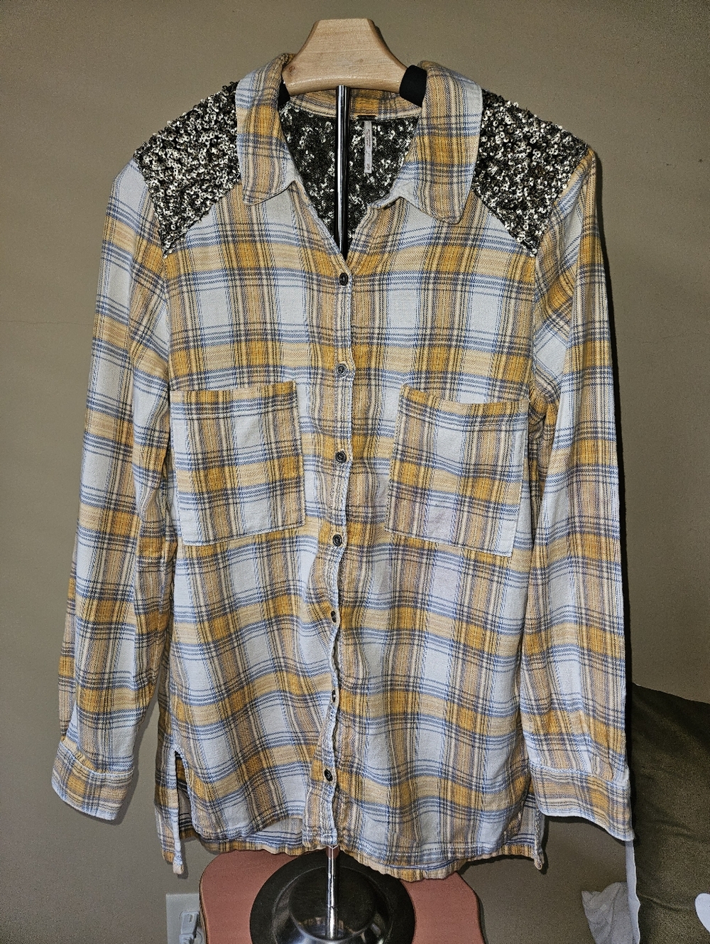 Free People - Little Bit of Sugar Sequin Plaid Flannel Shirt - Size M